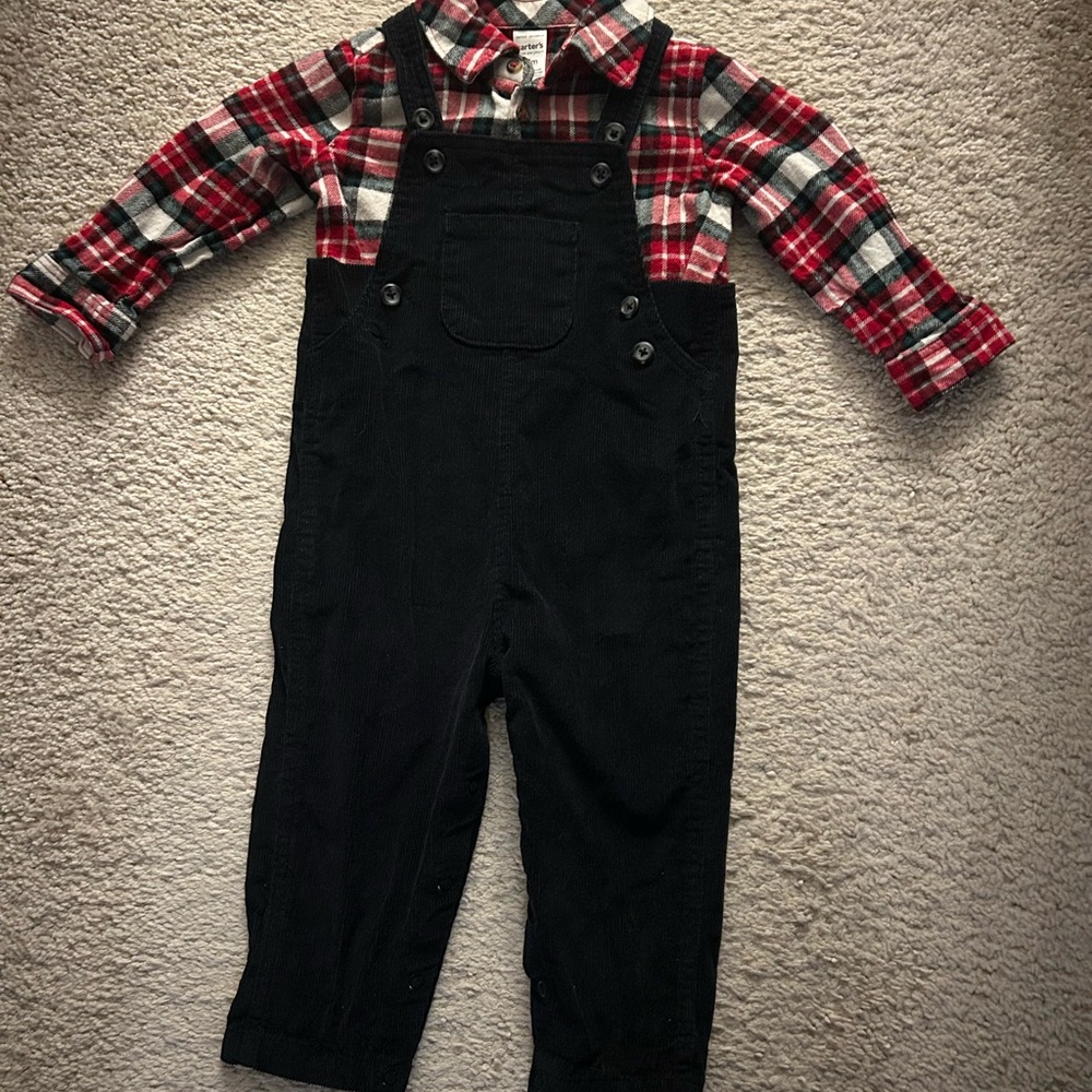 Carter's Red Plaid Shirt with Black Overalls - perfect for the holidays!